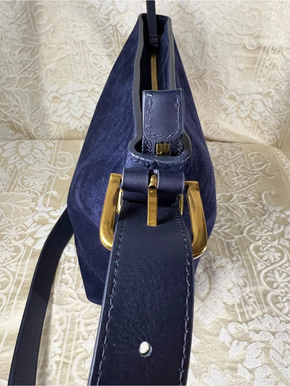 Quince Italian Suede Leather Bucket Shoulder Bag Midnight Blue Adjustable Strap - Picture 6 of 7